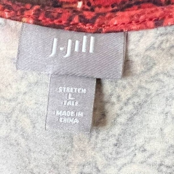 J JILL Stretch Tall SZ L Red Orange Paisley Wrap Front V‎ Neck Long Sleeve Dress - Picture 3 of 4
